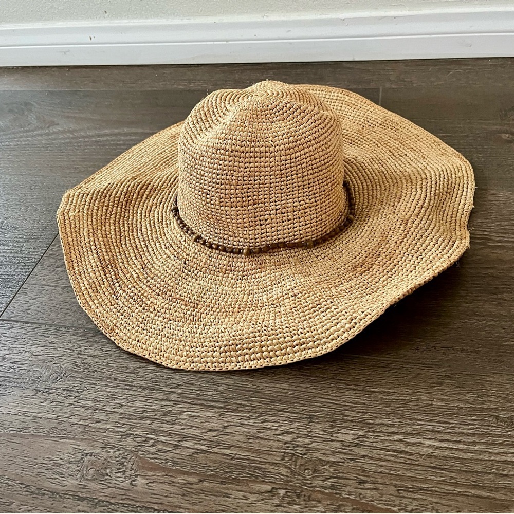 Hat Attack Natural Straw Wide Brim Sun Hat with Bead Detail